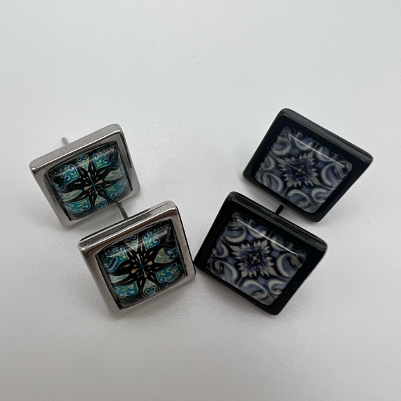 Classic Square Stud Earrings - Black and Silver Trendy Stud Earring Set - Picture 3 of 15